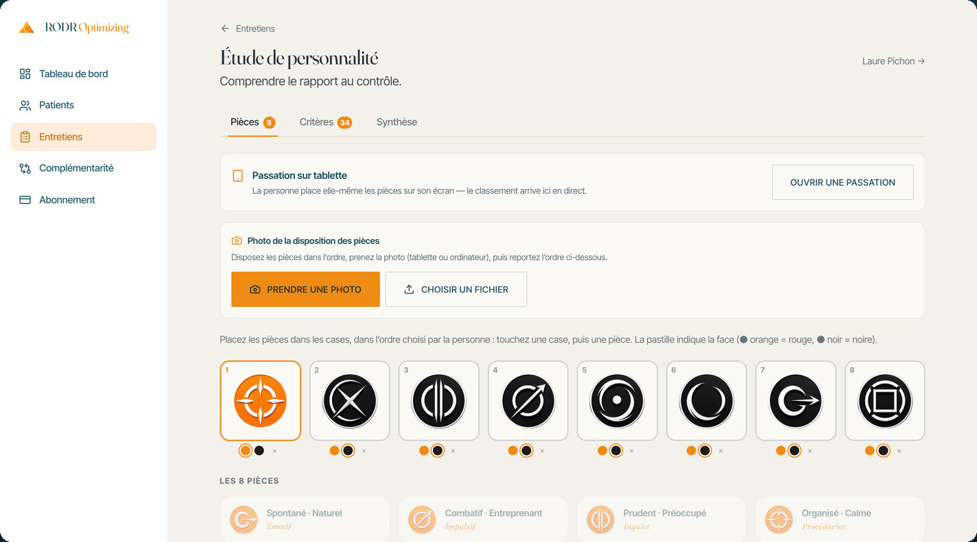 Le logiciel RODR Optimizing, écran d'un entretien avec les huit pièces classées