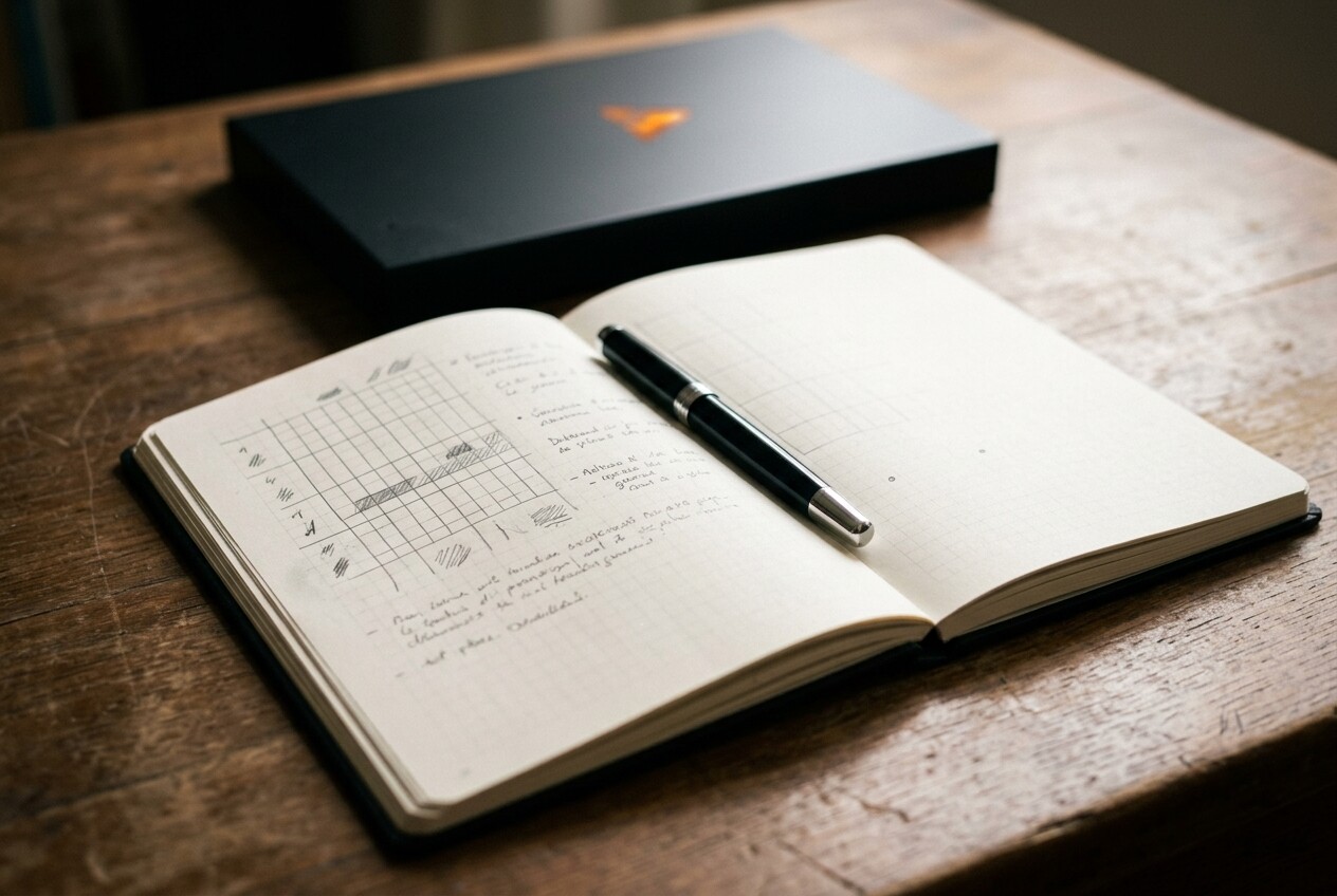 Le coffret RODR fermé et un carnet ouvert avec des notes manuscrites, sur une table en bois