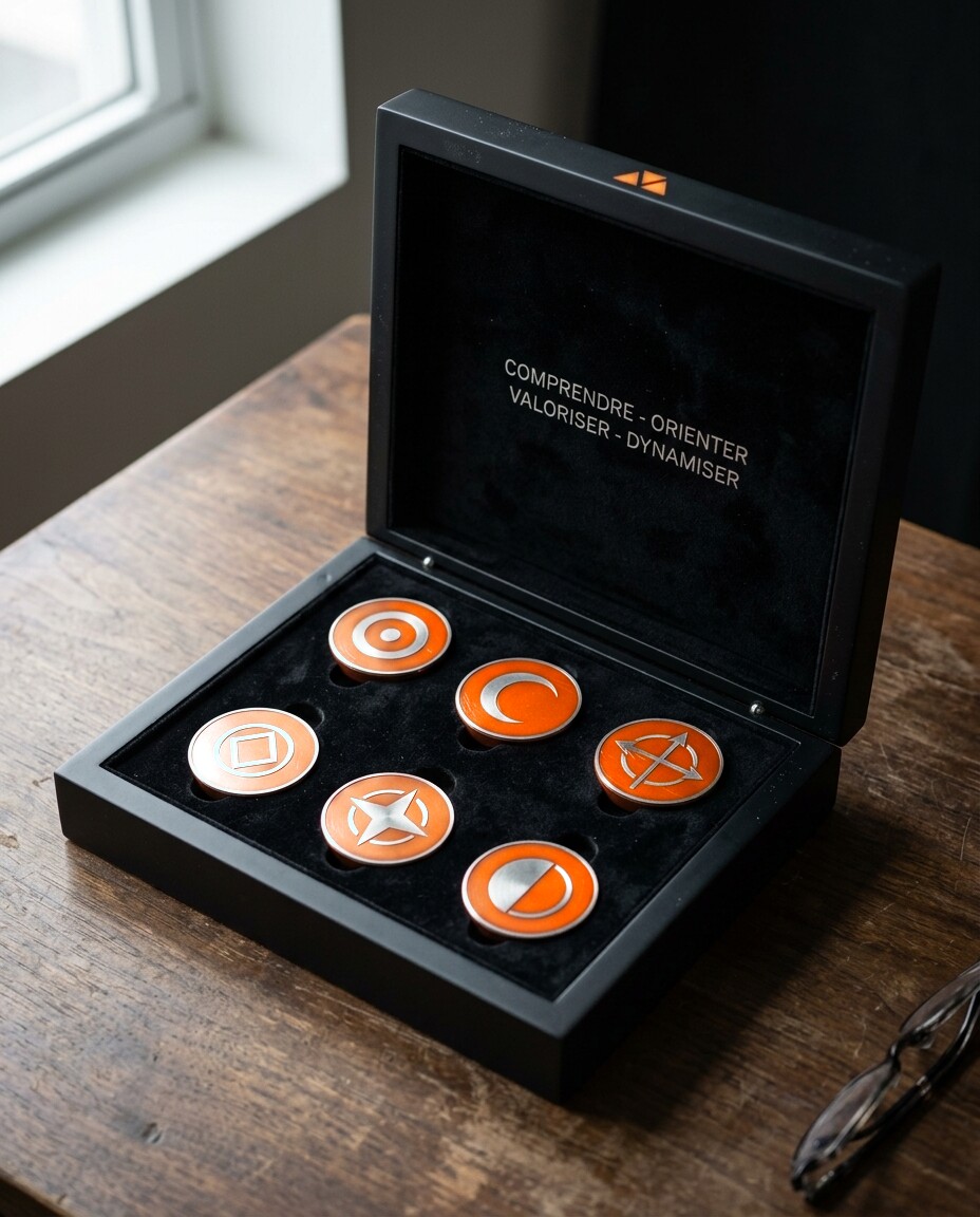 L'écrin RODR ouvert sur une table en bois, pièces orange dans leur logement, lumière de fenêtre