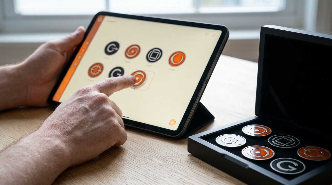 Des mains tiennent une tablette affichant les pièces RODR, l'écrin ouvert à côté